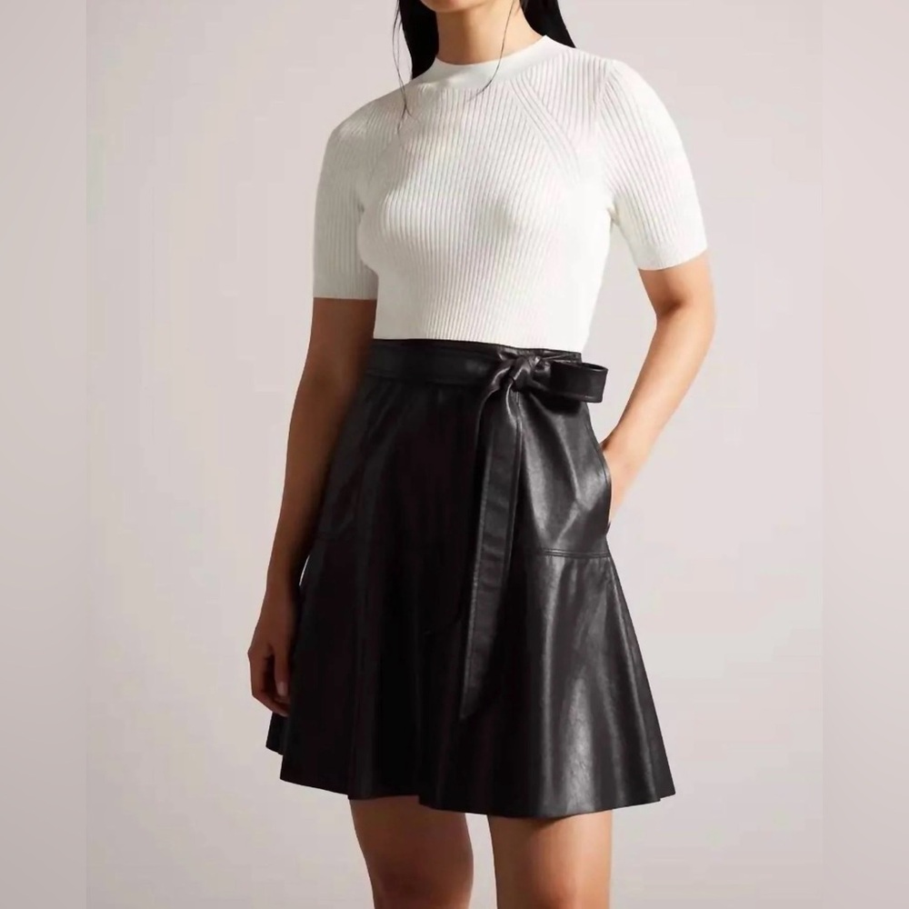 Ted Baker London White Ribbed Top with Black Faux Leather Tie-Waist Mini